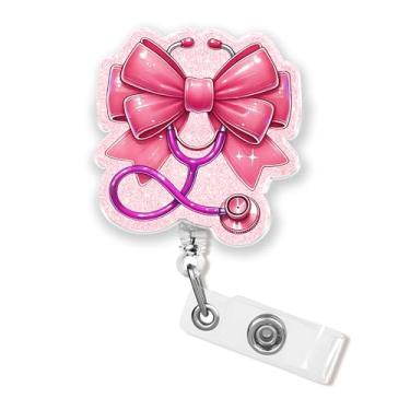 Imagem de Carretel de crachá de estetoscópio de laço rosa 4,6 cm engraçado médico enfermeiro CNA RN enfermeira estudante de enfermagem pediátrica farmácia pediátrica suporte de crachá de identificação retrátil