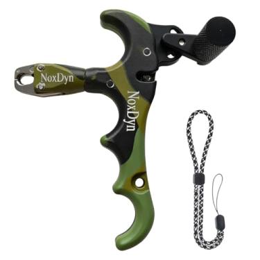 Imagem de NoxDyn Liberação de arco para arco composto, liberação de arco de 4 dedos, liberação de polegar rotativa de 360° para arco composto camuflagem verde