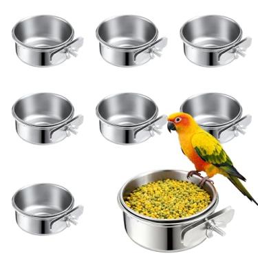 Imagem de 8 tigelas de aço inoxidável para comida e água para pássaros com suporte de grampo – Pratos de alimentação de gaiola de pássaros pendurados, alimentadores de animais de estimação para calopsita