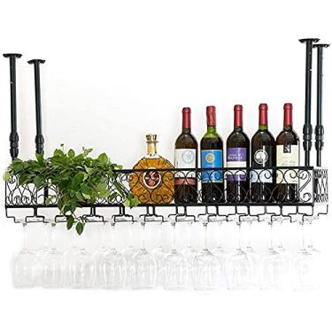 Imagem de Rack de vinho suspenso com suporte de vidro e prateleira, suporte de copo de vinho, suporte de vidro para bar KTV, suporte de cabeça para baixo, suporte criativo para copos de vinho (cor: preto