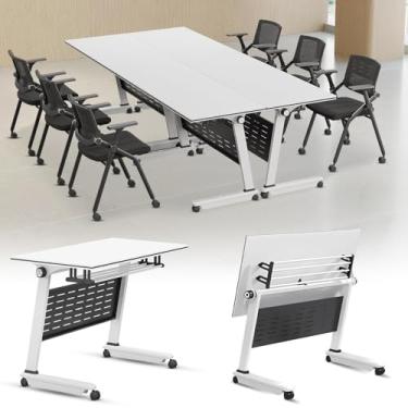 Imagem de ZDJZMGZ Mesa de sala de conferências, pacote com 4 mesas de conferência dobráveis para reuniões, mesa de reunião de seminário dobrável moderna com rodas silenciosas, mesa de treinamento branca móvel