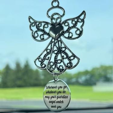 Imagem de Ornamentos pendurados com asas de anjo para espelho retrovisor de carro, pingente de metal com asas de anjo da guarda, pingente de espelho retrovisor, decoração para amantes, família, presentes