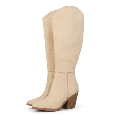 Imagem de Hawkwell Bota feminina de camurça na altura do joelho salto alto bloco grosso clássico despojado moda bico fino zíper lateral bota alta, Bege, 35