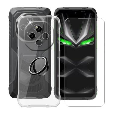 Imagem de YQINHHME Capa transparente para Blackview Fort 1 (6,6 polegadas) com 1 x vidro temperado + suporte de anel de metal para celular de 360°, capa fina de silicone macio de grau militar TPU à prova de