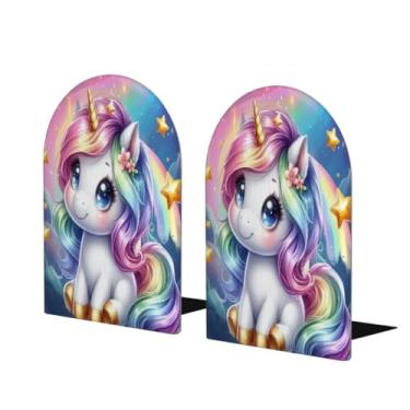 Imagem de Unicórnios brilhantes fofos grandes suportes de livros de madeira decorativo antiderrapante resistente terminais de livro para mesa de escritório em casa biblioteca de estudo escolar divisórias de