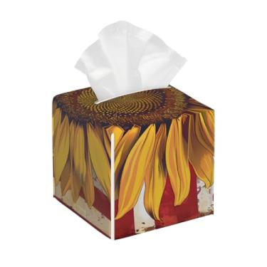 Imagem de Porta-lenços de couro quadrado à prova d'água flor girassol bandeira americana organizador de papel facial com cinto inferior cubo estojo de lenços para mesa banheiro escritório mesa carro decorativo