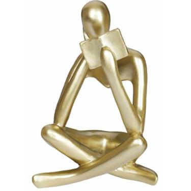 Imagem de JKUDTQL Estátua dourada pensadora sentada lendo escultura moderna abstrata resina pensadora estatuetas para escritório em casa, mesa, estante de livros, prateleiras, sala de estar, coleção de