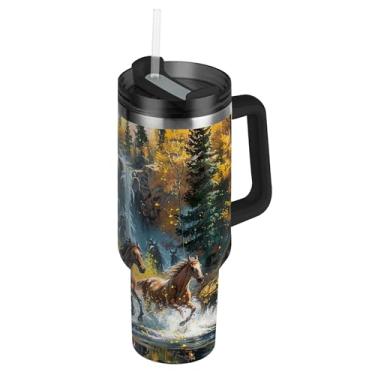 Imagem de SEHANY Copo Majestic Horse de 850 g com tampa e canudo, aço inoxidável de vácuo duplo isolado garrafa de água esportiva suporte de copo de café de viagem à prova de vazamento para bebida gelada