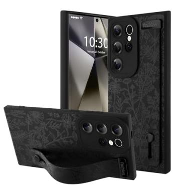 Imagem de OOK Capa de telefone compatível com Samsung Galaxy S24 Ultra Silicone com alça, linda estampa floral floral para mulheres e meninas, alça de dedo ajustável, capa protetora fina, flor de sálvia preta