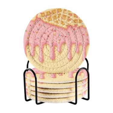 Imagem de SEHANY Lindo conjunto de 6 porta-copos de sorvete com suporte, porta-copos redondos absorventes de algodão resistente ao calor para mesa de jantar, canecas de café, proteção de xícara, 10 cm