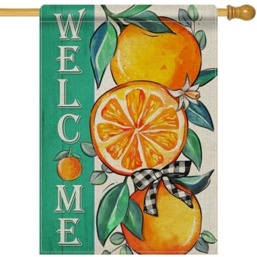 Imagem de Dyrenson Bem-vindo primavera verão laranja 71 x 101 bandeira de casa dupla face, fruta cítrica tangerina verde jardim decoração de quintal, decoração externa de serapilheira de fazenda bandeira grande