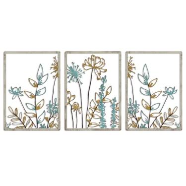 Imagem de pechpell Arte de parede de flor de metal de 3 peças, escultura de parede floral colorida de 40 x 29 cm, decoração minimalista para casa, sala de estar, quarto, banheiro, cozinha, interior