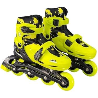 Imagem de Kit Patins Infantil 4 Rodas Iluminadas com Capacete e Proteções Completas Tamanho 35-38 Amarelo Certificado INMETRO para Crianças Iniciantes e Intermediários