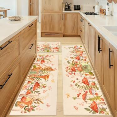 Imagem de Mofvugz Conjunto de 3 tapetes de cozinha de cogumelos, folhas boho, borboleta, flor, bege, tapete de cozinha, tapete lavável, decoração de cozinha de cogumelo e acessórios
