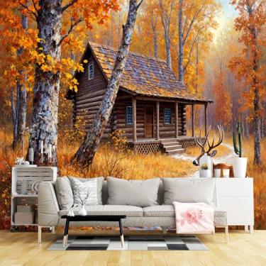 Imagem de Murais de parede de tamanho personalizado, cabana de madeira rústica outono floresta tecido de parede autoadesivo (sem PVC) papel de parede grande removível para sala de estar, quarto, escritório