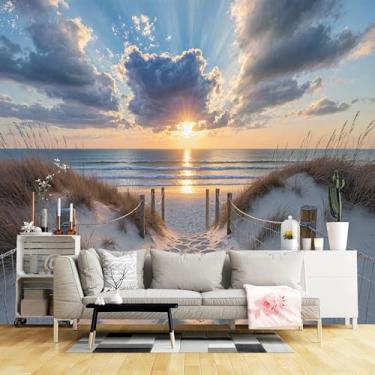 Imagem de Murais de parede de tamanho personalizado, tecido de parede autoadesivo de praia pôr do sol (sem PVC) Papel de parede grande removível para sala de estar, quarto, escritório