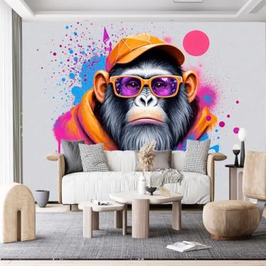 Imagem de Murais de parede de tamanho personalizado, chimpanzé pop art chapéu laranja lentes roxas tecido de parede autoadesivo (sem PVC) papel de parede grande removível para sala de estar, quarto, escritório