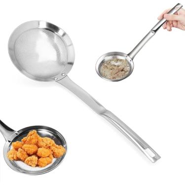 Imagem de ZAWELIYO Colher escumadeira de aço inoxidável, coador de malha fina de grau alimentício para cozinha, removedor de gordura de óleo, colher de filtro de fritadeira de sopa com cabo longo