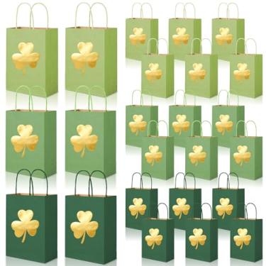 Imagem de FOGWOWO 24 peças de sacos de presente verdes do dia de São Patrício a granel de folha dourada sacos de petisco de trevo papel kraft com alças sacos de guloseimas para lembrancinhas de festa de férias