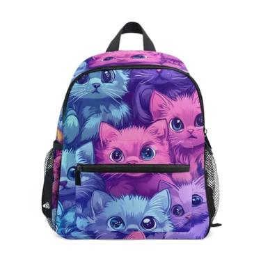 Imagem de GAIGEO Cute Cat Colorful Cartoon Kittens Toddler School Backpack, 10x4x12 In, Small Backpack for Girls Includes Water Bottle Pockets, Whistle Clip for Safety