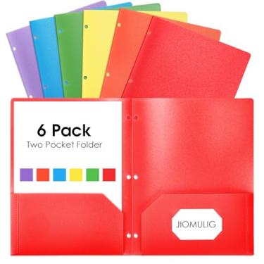 Imagem de JIOMULIG Pacote com 6 pastas coloridas com bolsos pasta de arquivo de plástico para casa, escola, escritório, material de arquivamento resistente com abas de índice para alunos, professores, organizar