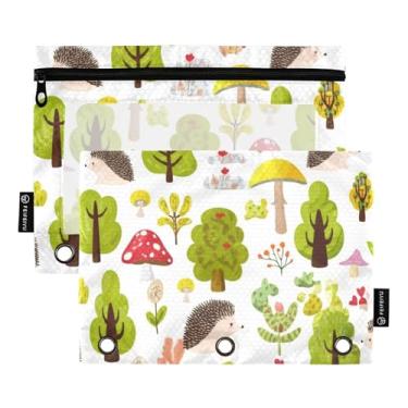 Imagem de GAIGEO Bolsa para lápis de trabalho, 3 anéis, fichário para canetas, estojo com zíper, giz de cera, pastas transparentes, bolsos, lindos desenhos animados, porcos-espinhos, plantas, 25 x 18 cm, 2