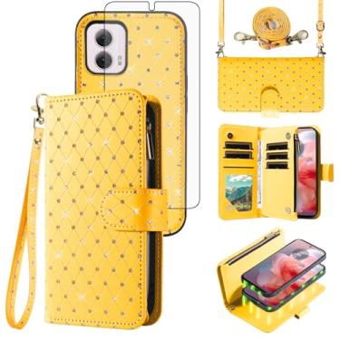 Imagem de Capa carteira compatível com Motorola Moto G Power 5G 2024 com zíper, célula destacável e protetor de tela de vidro temperado, alça transversal com glitter flip porta-cartões, capa para celular para