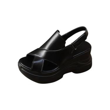 Imagem de Sandálias femininas modernas, casuais, sólidas, boca de peixe, bico aberto, fivela de uma linha, com fundo grosso, Preto, 35