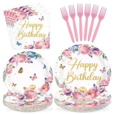 Imagem de 96 peças de decorações de aniversário de flores florais borboletas pratos e guardanapos boho decorações de flores silvestres para doces 16, 21, 30, 40, 50, 60, 70 anos, primavera, jardim, festa