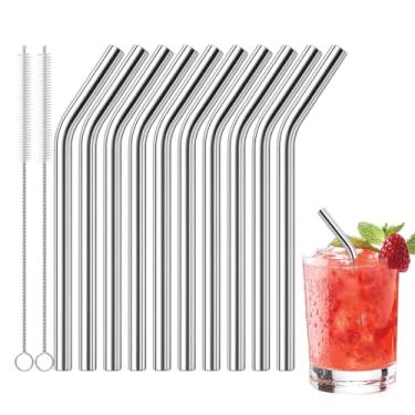 Imagem de 10 canudos de metal curtos, canudos de metal de 15 cm x 8 mm, canudos reutilizáveis de aço inoxidável dobrados com 2 escovas de limpeza, canudos curtos reutilizáveis para canecas de café e copos