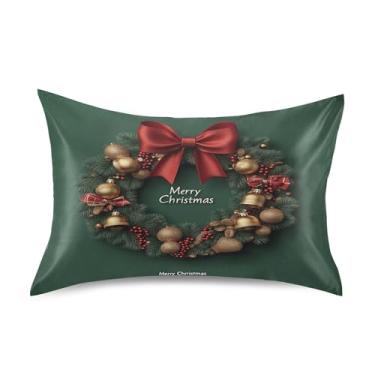 Imagem de SEHANY Fronha de seda verde com sinos de Natal para cabelo e pele, capa de almofada respirável super macia e macia com envelope para casa, quarto, hotel, padrão 50 x 102 cm