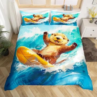 Imagem de Erosebridal Jogo de cama casal de lontra de surfista, capa de edredom de surfe e surfe, jogo de cama engraçado de lontra do mar para crianças, meninas, meninos, praia costeira, oceano, 3 peças