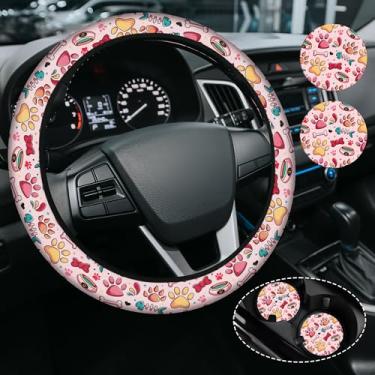 Imagem de Capa de volante fofa com estampa de pata de animal de estimação para mulheres e homens, capas de volante de carro de neoprene de alta elasticidade, universal, 38 cm para carros, SUVS, inclui 2
