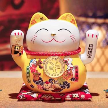 Imagem de FENNYYAR Sino de mão bonito de cerâmica amarelo braço ondulado Maneki Neko, 15 cm 15 cm, acessórios de decoração de quarto de estátua Feng Shui