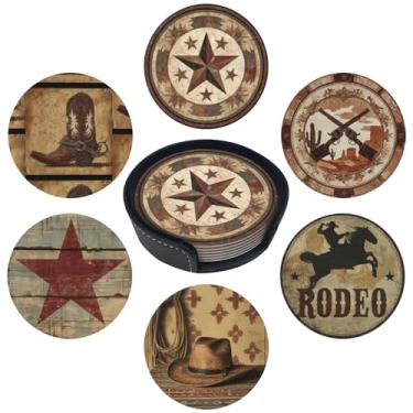 Imagem de sunwarshile Porta-copos para bebidas com suporte, porta-copos de couro, redondo, conjunto de 6 xícaras, canecas, tapete para bar de cozinha doméstica (cowboy ocidental)