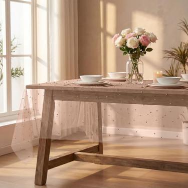 Imagem de Horaldaily Toalha de mesa de gaze de pérola bronzeada, retangular de 152 x 300 cm, gaze de renda de tule para primavera, verão, toalha de mesa de chá de panela para decoração de mesa de aniversário de