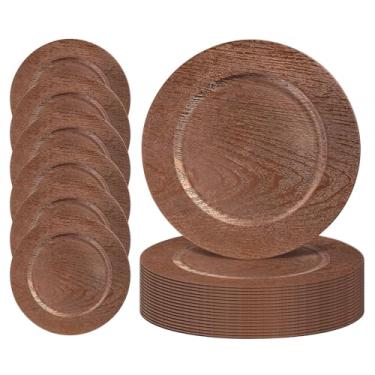 Imagem de MAONAME 24 placas de carregamento redondas em massa, carregador de madeira sintética de 33 cm para pratos de jantar, carregadores de prato marrom de fazenda, carregadores de mesa de plástico para