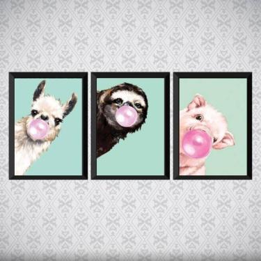 Imagem de Kit 3 Quadros Animais Chicletes Turquesa 45X34 Moldura Preta