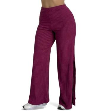 Imagem de Calça Feminina Wide Leg Pantalona Cintura Alta Tecido Canelado com Fen
