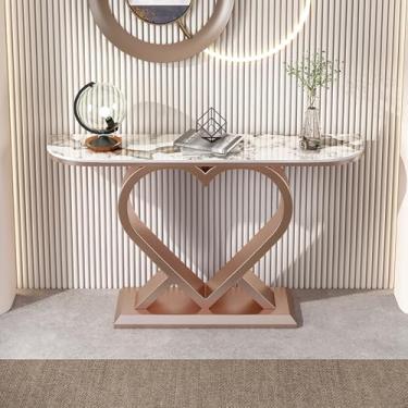 Imagem de Mesa de hall de entrada para entrada, mesa moderna e estreita para sofá, moldura de metal geométrico, para casa, sala de estar, quarto, sala de entretenimento, escritório (ouro rosa, 100 x 30 cm/39,5