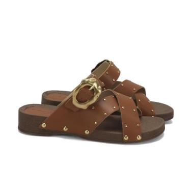 Imagem de Tamanco Caramelo Tiras e Fivelas Salto Baixo 3cm Napa