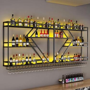 Imagem de Rack de vinho LED montado na parede - Prateleiras grandes de barra de metal, exibição de garrafa de licor flutuante industrial com suporte de taça de vinho para casa, bar, café - preto com luz amarela