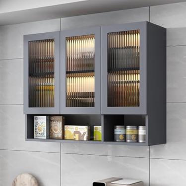 Imagem de Armário de remédios de cozinha de madeira com 2 portas de vidro – suporte de exibição sobre o vaso sanitário, armário de despensa suspenso para banheiro, quarto e organização de cozinha