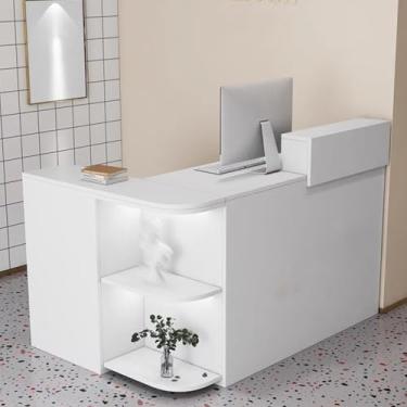 Imagem de Mesa de recepção branca em forma de L com grande armazenamento para salão ou escritório - balcão de 139 cm para caixa de recepção.