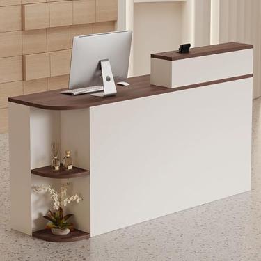 Imagem de Mesa de recepção moderna com gaveta, mesa de balcão de varejo para loja e escritório, grande espaço de armazenamento, marrom (80 x 50 x 105 cm)