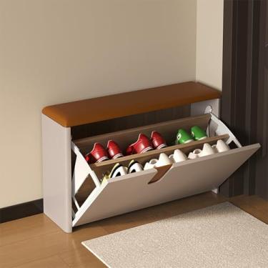 Imagem de Banco de entrada moderno com assento acolchoado – rack de armazenamento de sapatos de 2 níveis, espaço na parte superior, madeira maciça, móveis elegantes para corredor, organizador de quarto (cáqui