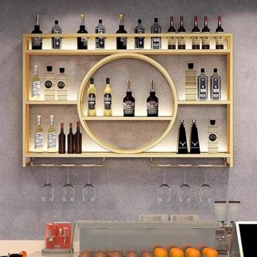 Imagem de Rack de vinho flutuante com suporte de taça de vinho, prateleira de vinho de ferro, prateleira de exibição de garrafa de licor montada na parede com luz LED, prateleiras de armazenamento suspenso