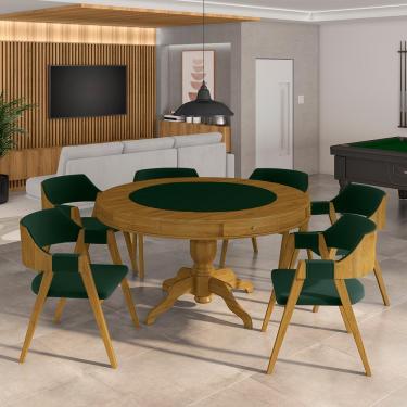 Imagem de Conjunto Mesa de Jogos Carteado Bellagio Tampo Reversível e 6 Cadeiras Madeira Poker Base Estrela Veludo Verde/Mel G42 - Gran Belo