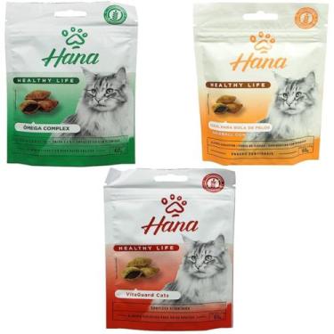 Imagem de Snack hana para gatos kit ômega complex vitaguard cats e hairball cont