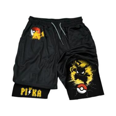 Imagem de Shorts Esportivos Masculinos De Verão Com Estampa Pikachu, Shorts Fals